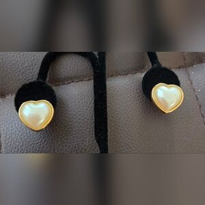 Perarlized Heart in Golden Setting Pierced Earrings. Large. Perfect - Vintage
